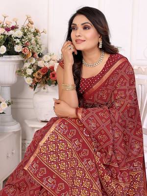 Maroon Patola And Bandhej Pattern Soft Cotton Light Weight Saree  1