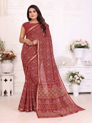 Maroon Patola And Bandhej Pattern Soft Cotton Light Weight Saree  2