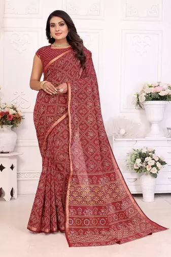 Maroon Patola And Bandhej Pattern Soft Cotton Light Weight Saree 