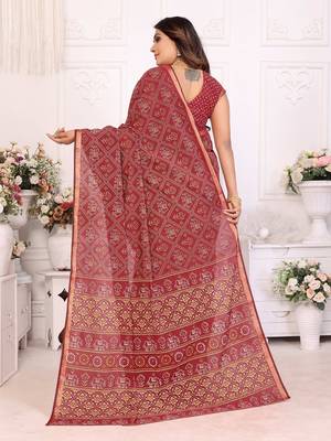 Maroon Patola And Bandhej Pattern Soft Cotton Light Weight Saree  3