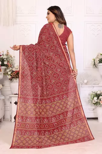 Maroon Patola And Bandhej Pattern Soft Cotton Light Weight Saree 