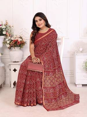 Maroon Patola And Bandhej Pattern Soft Cotton Light Weight Saree  4