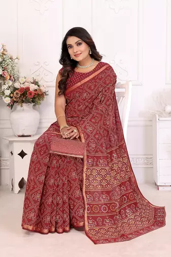 Maroon Patola And Bandhej Pattern Soft Cotton Light Weight Saree 
