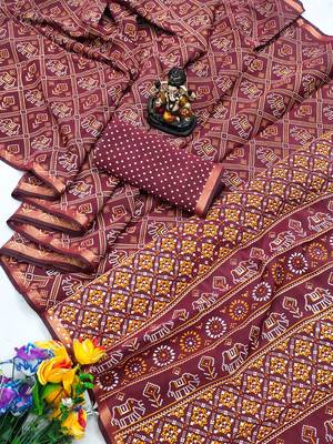 Maroon Patola And Bandhej Pattern Soft Cotton Light Weight Saree  5