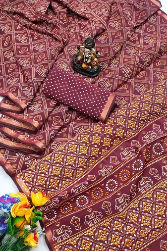 Maroon Patola And Bandhej Pattern Soft Cotton Light Weight Saree 