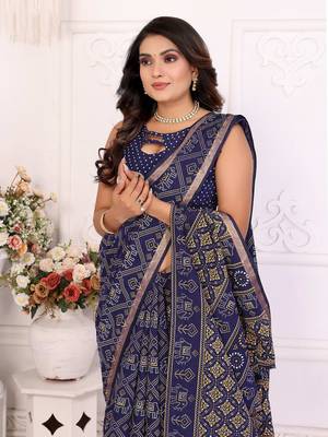 Blue Patola And Bandhej Pattern Soft Cotton Light Weight Saree  1