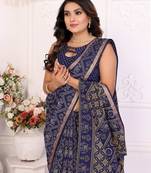 Blue Patola And Bandhej Pattern Soft Cotton Light Weight Saree 