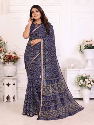 Blue Patola And Bandhej Pattern Soft Cotton Light Weight Saree  2