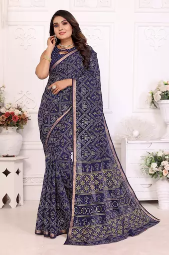 Blue Patola And Bandhej Pattern Soft Cotton Light Weight Saree 