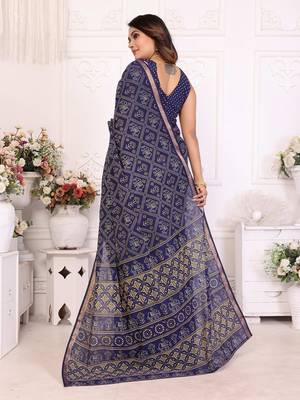 Blue Patola And Bandhej Pattern Soft Cotton Light Weight Saree  3