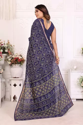 Blue Patola And Bandhej Pattern Soft Cotton Light Weight Saree 