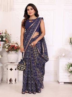 Blue Patola And Bandhej Pattern Soft Cotton Light Weight Saree  4
