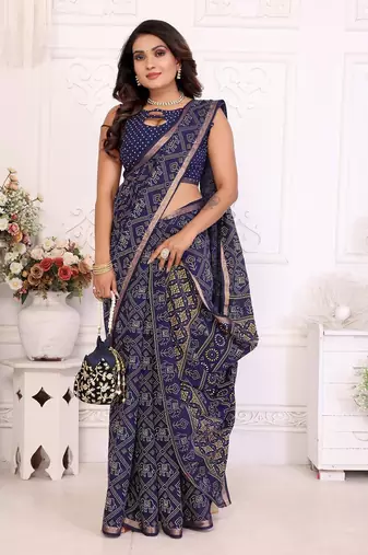 Blue Patola And Bandhej Pattern Soft Cotton Light Weight Saree 
