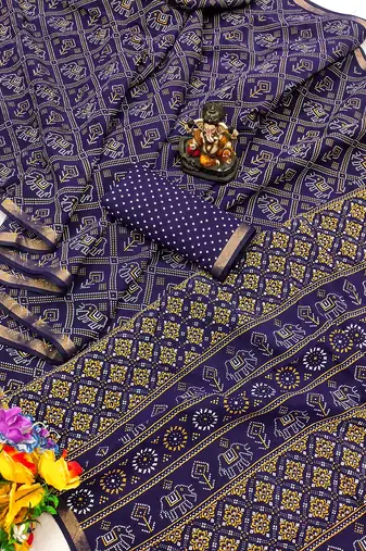 Blue Patola And Bandhej Pattern Soft Cotton Light Weight Saree 