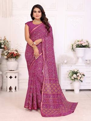 Rani Pink Patola And Bandhej Pattern Soft Cotton Light Weight Saree  2