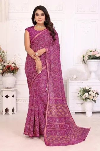 Rani Pink Patola And Bandhej Pattern Soft Cotton Light Weight Saree 