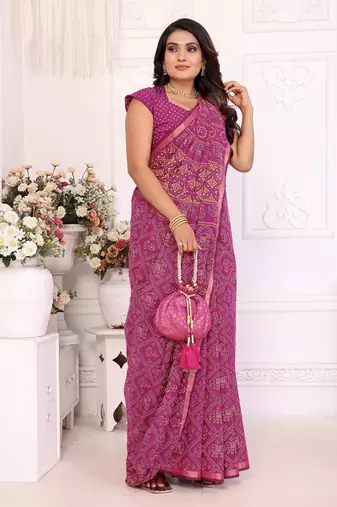 Rani Pink Patola And Bandhej Pattern Soft Cotton Light Weight Saree 
