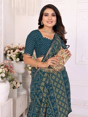 Teal Patola And Bandhej Pattern Soft Cotton Light Weight Saree  1