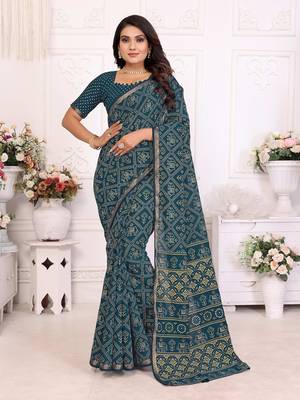 Teal Patola And Bandhej Pattern Soft Cotton Light Weight Saree  2