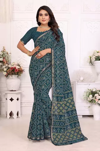 Teal Patola And Bandhej Pattern Soft Cotton Light Weight Saree 