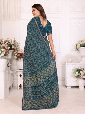 Teal Patola And Bandhej Pattern Soft Cotton Light Weight Saree  3