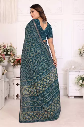 Teal Patola And Bandhej Pattern Soft Cotton Light Weight Saree 