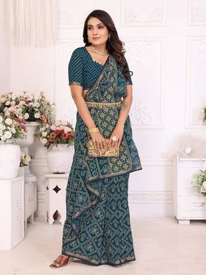 Teal Patola And Bandhej Pattern Soft Cotton Light Weight Saree  4