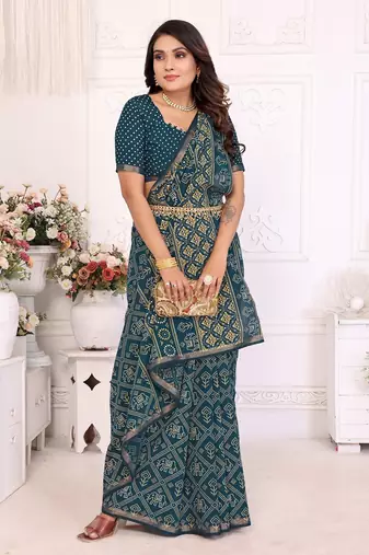 Teal Patola And Bandhej Pattern Soft Cotton Light Weight Saree 
