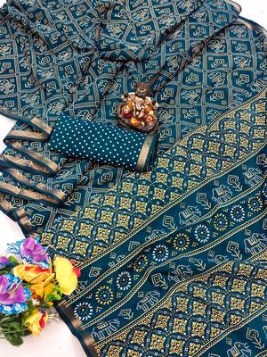 Teal Patola And Bandhej Pattern Soft Cotton Light Weight Saree  5