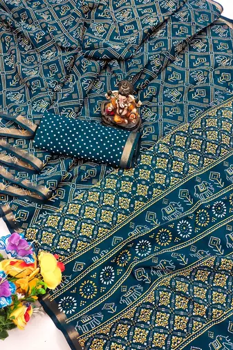 Teal Patola And Bandhej Pattern Soft Cotton Light Weight Saree 