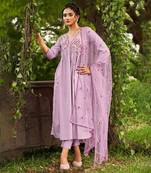 Women's chanderi silk embroidery salwar suit set kurta pant with dupatta