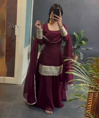MAROON Faux Blooming with Sequins Embroidered SUIT SET 1
