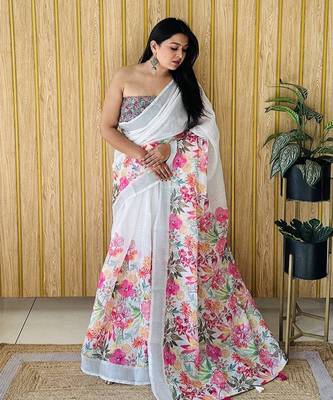 White Soft Linen Cotton Digital Print Sarees  1