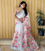 White Soft Linen Cotton Digital Print Sarees 