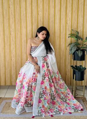 White Soft Linen Cotton Digital Print Sarees  2