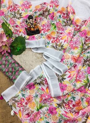 White Soft Linen Cotton Digital Print Sarees  3