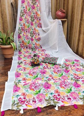 White Soft Linen Cotton Digital Print Sarees  4