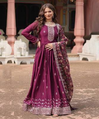 Royal Wine Silk Gown with Dupatta 1