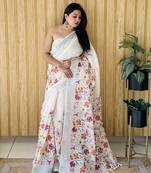 Cream Soft Linen Cotton Digital Print Sarees 