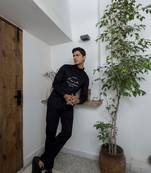 Black cotton satin embroidered shirt