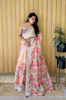 Light Peach Soft Linen Cotton Digital Print Sarees  1