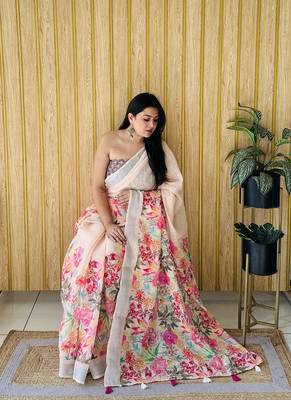 Light Peach Soft Linen Cotton Digital Print Sarees  2