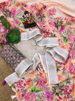 Light Peach Soft Linen Cotton Digital Print Sarees  3