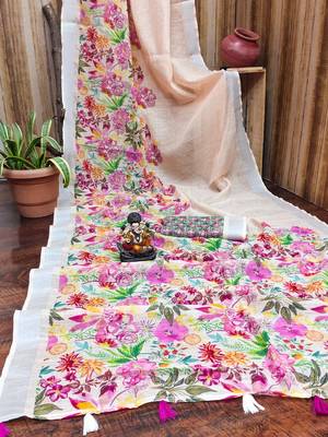 Light Peach Soft Linen Cotton Digital Print Sarees  4