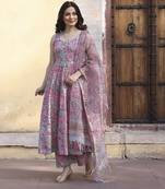Pink mint printed cotton anarkali set