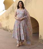 Sky pink printed cotton anarkali set