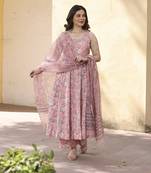 Peach printed cotton anarkali set