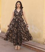 Black red printed cotton anarkali set