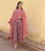 Pink red printed cotton anarkali set