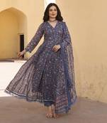 Blue printed doriya anarkali set